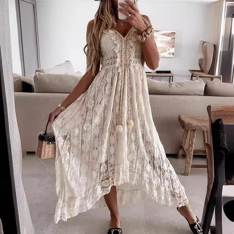 Lace suspender pendulum solid color dress