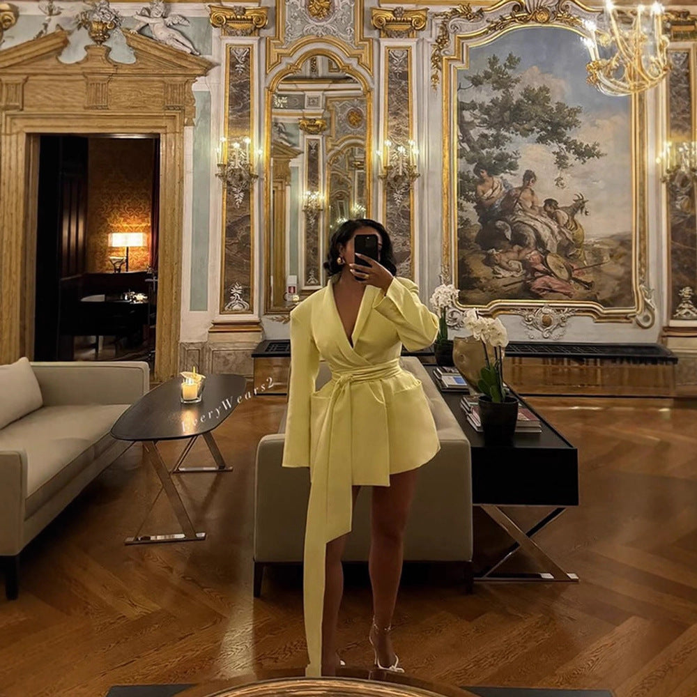 Solid color wide shoulder lace-up waist long-sleeved suit