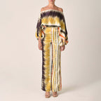 Printed Crew Neck Loose Bat Sleeve Waist Wide Leg Pants Fashion Suit