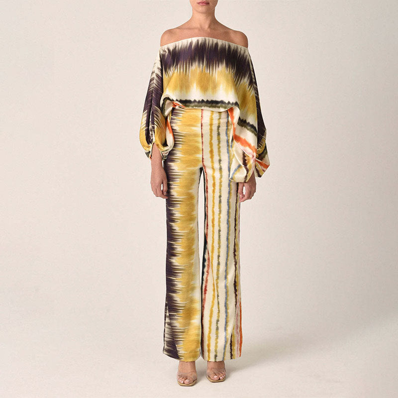 Printed Crew Neck Loose Bat Sleeve Waist Wide Leg Pants Fashion Suit