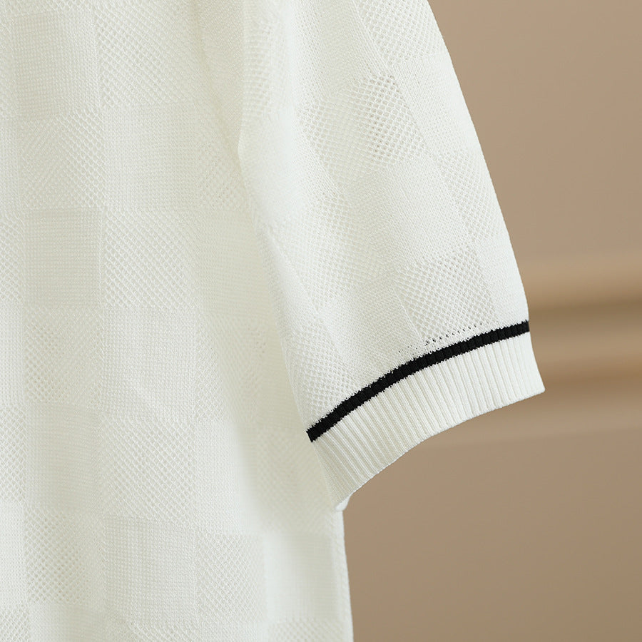 Simple striped V-neck plaid short-sleeved knitted sweater