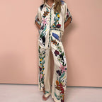 Printed Crew Neck Loose Bat Sleeve Waist Wide Leg Pants Fashion Suit