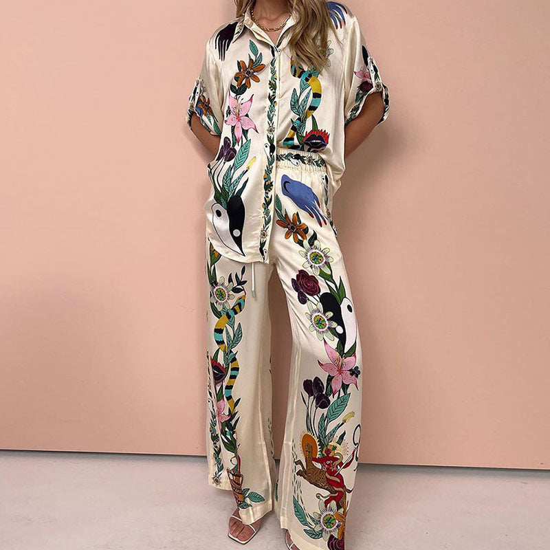 Printed Crew Neck Loose Bat Sleeve Waist Wide Leg Pants Fashion Suit