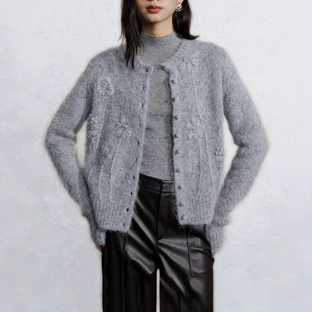 Three-dimensional crochet alpaca wool knitted cardigan