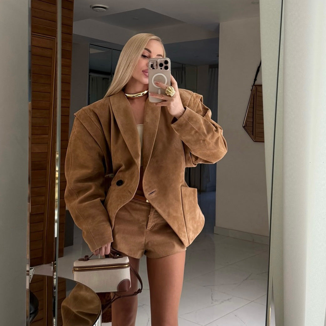 Suede shoulder padded suit jacket