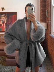 Solid color lace-up splicing wool cuffs woolen jacket