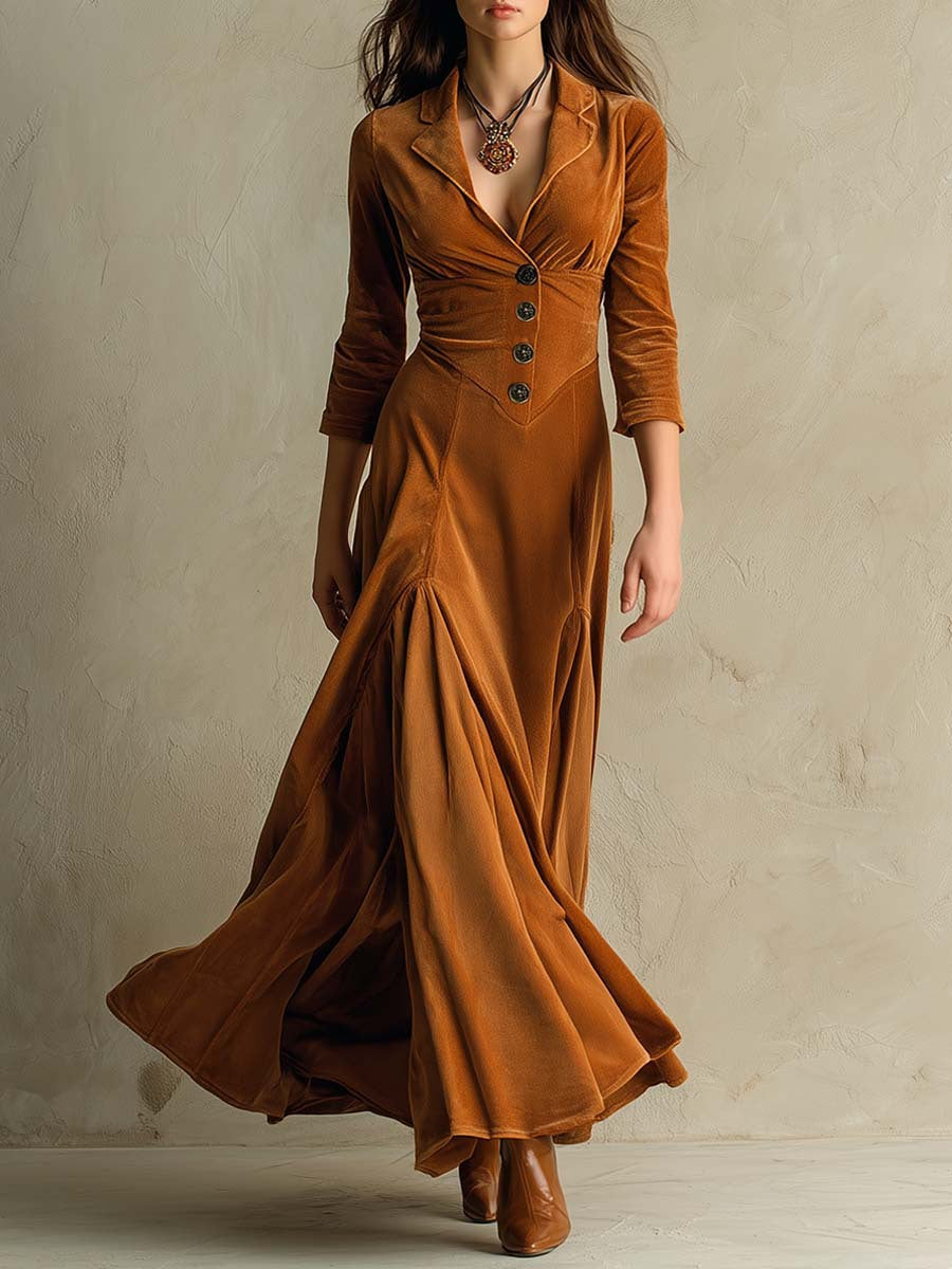 Solid color button-down lapel seven-quarter sleeve long dress dress