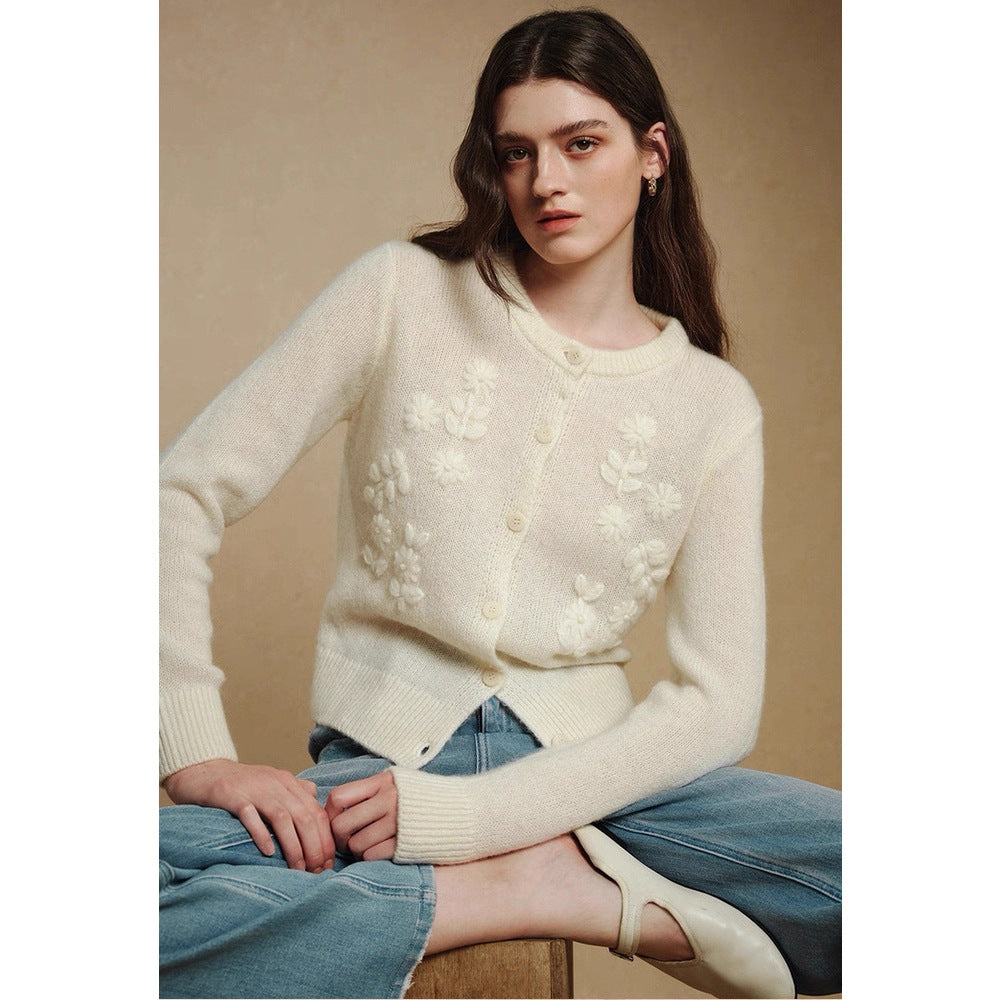 Three-dimensional crochet alpaca wool knitted cardigan