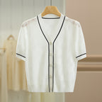 Simple striped V-neck plaid short-sleeved knitted sweater