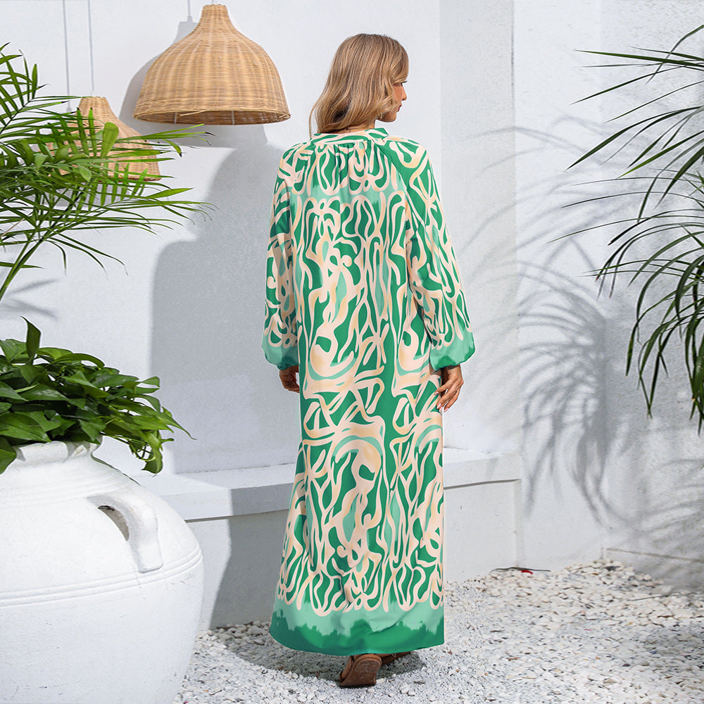 Pullover V-neck sexy printed pendulum long-sleeved dress