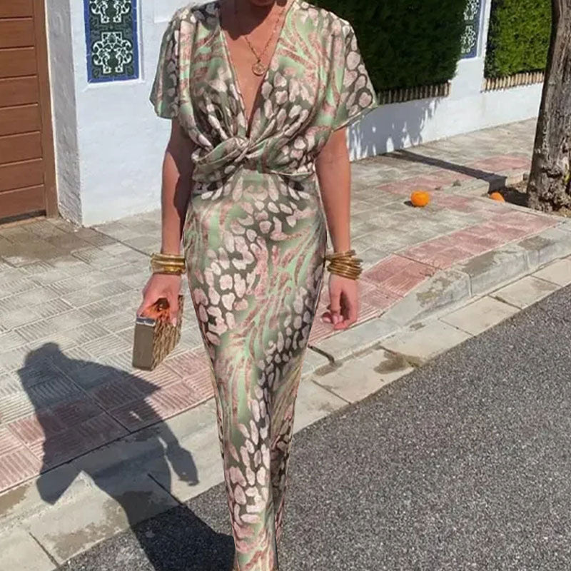 Stylish skinny print kinky mid-rise sexy V-neck spring dress