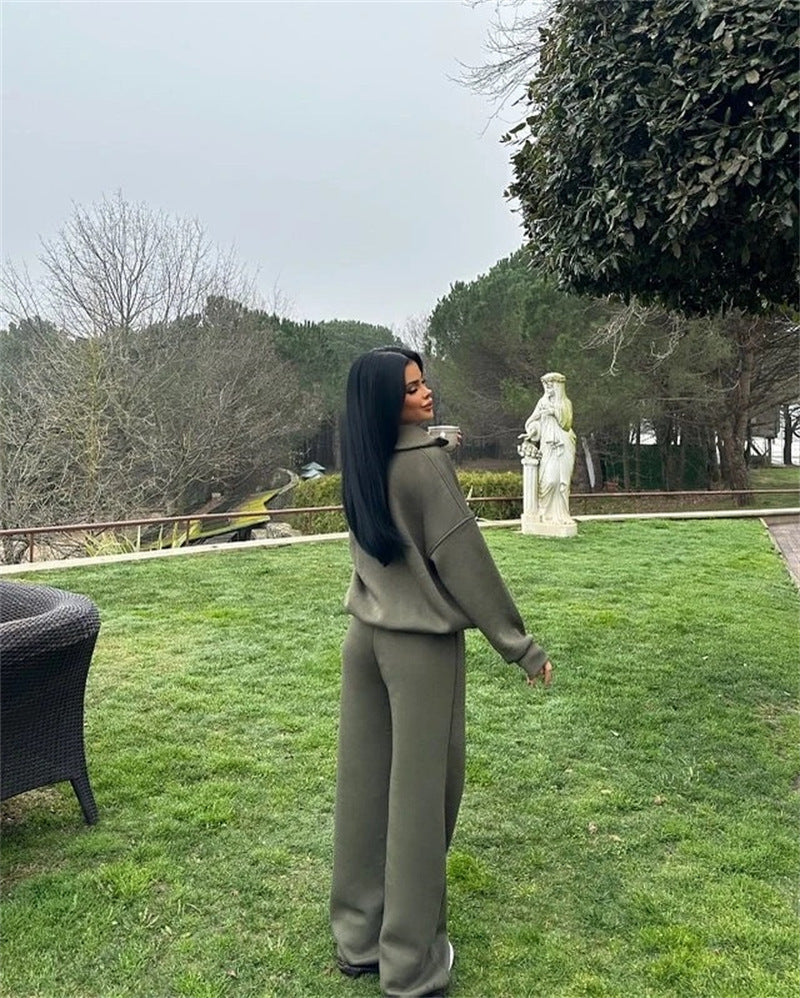 Half open pullover sweater trousers