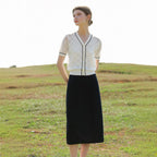 Simple striped V-neck plaid short-sleeved knitted sweater