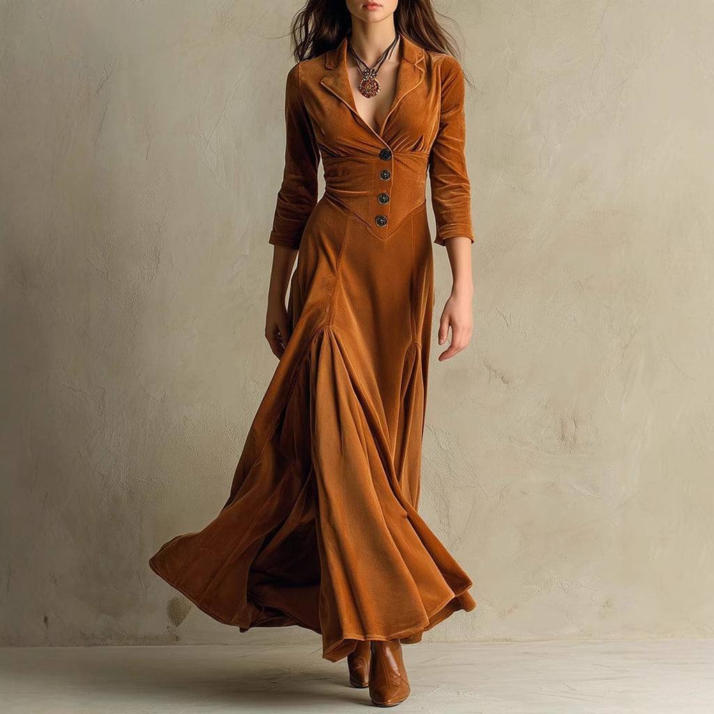 Solid color button-down lapel seven-quarter sleeve long dress dress