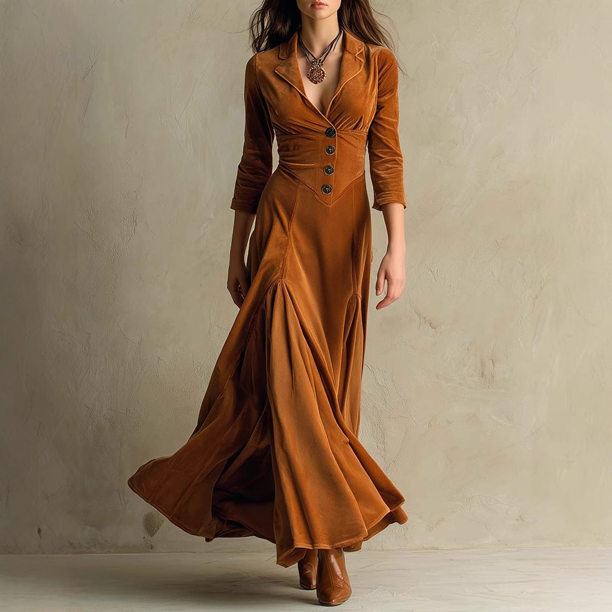 Solid color button-down lapel seven-quarter sleeve long dress dress