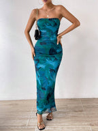 Mesh floral pleated sexy tight split strapless tube top dress