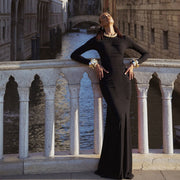 French temperament elegant round neck long-sleeved hip-wrapped dress