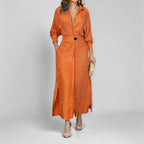 Lace-up Solid Color Waist Long Sleeve Irregular Shirt Dress