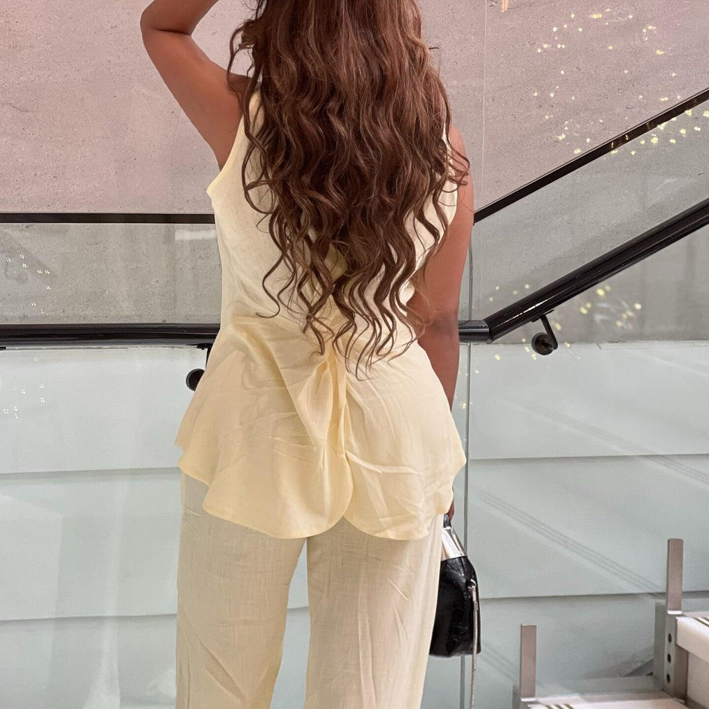 New temperament sexy lapel sleeveless top straight trousers two-piece set