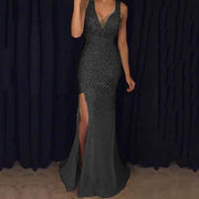 New slit broken foil dress long skirt evening dress