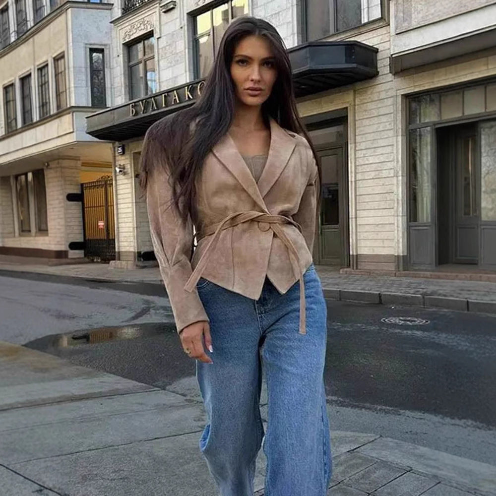 Suede slim jacket with waist straps