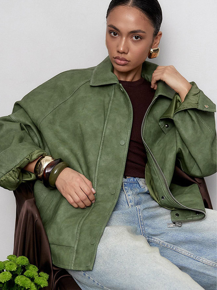 Solid color lapel leather jacket