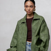 Solid color lapel leather jacket