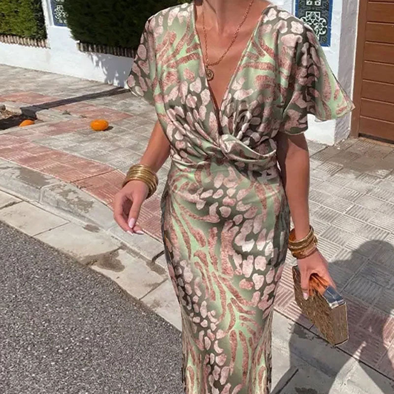 Stylish skinny print kinky mid-rise sexy V-neck spring dress