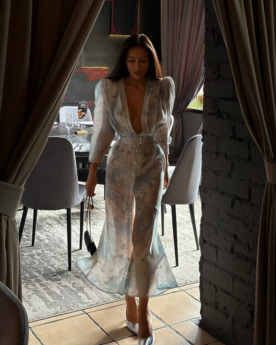 Printed V-Neck High Waist Split Bubble Sleeve Dress