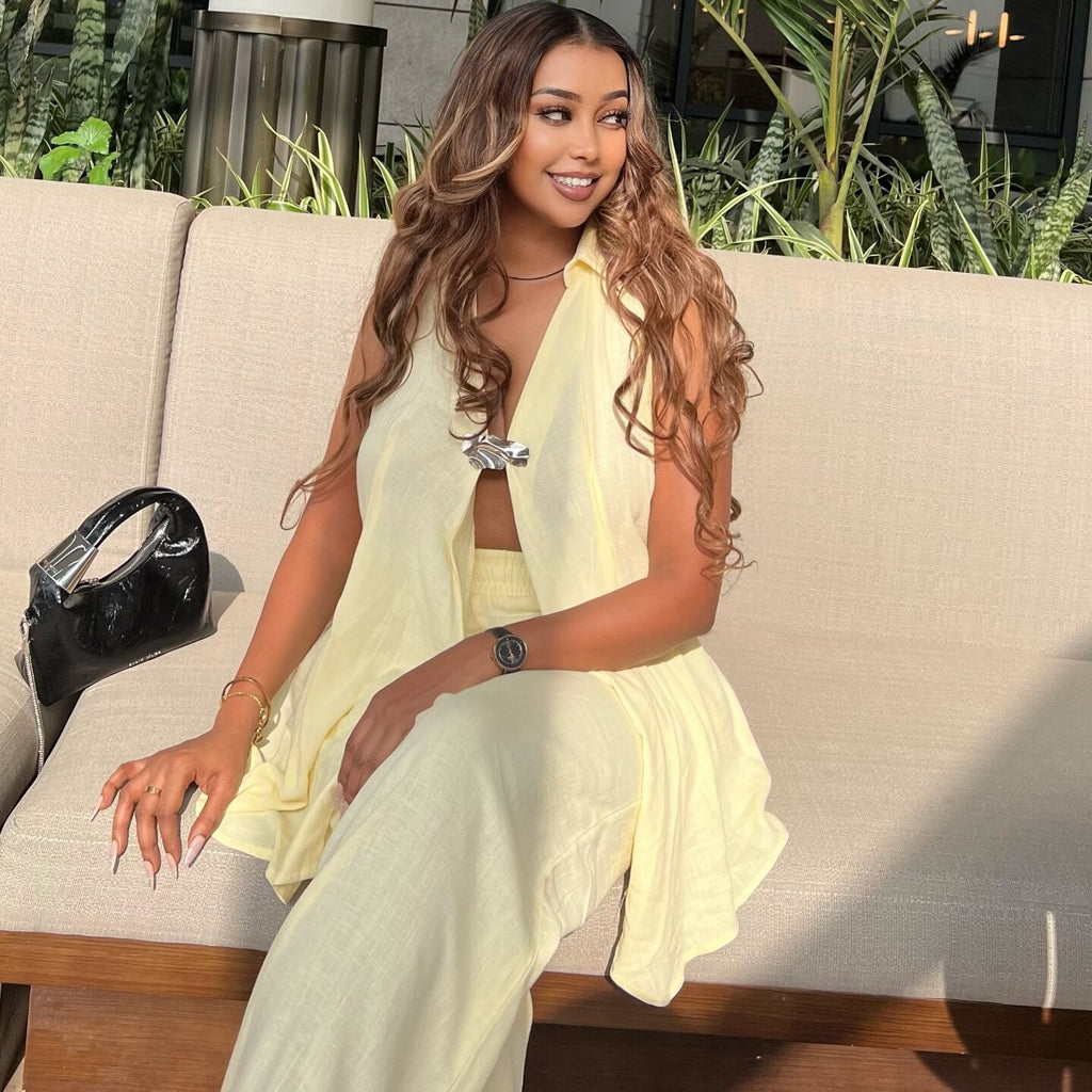 New temperament sexy lapel sleeveless top straight trousers two-piece set