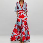 Temperament V-neck printed strap-up large skirt dress