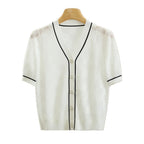 Simple striped V-neck plaid short-sleeved knitted sweater