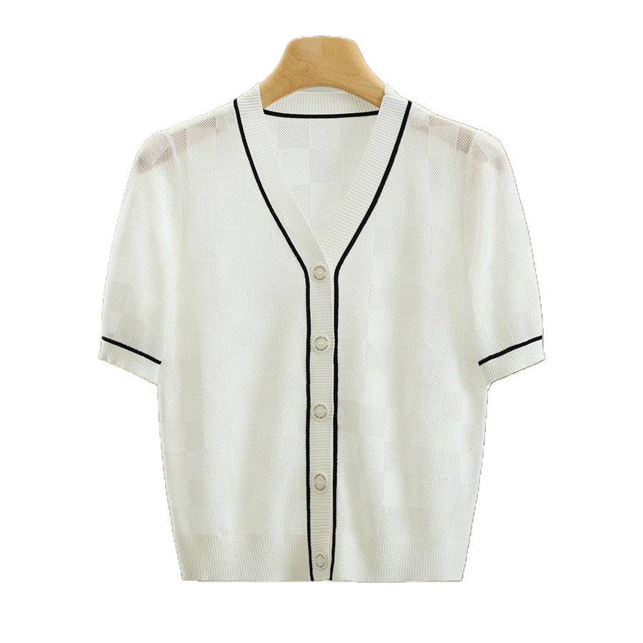 Simple striped V-neck plaid short-sleeved knitted sweater