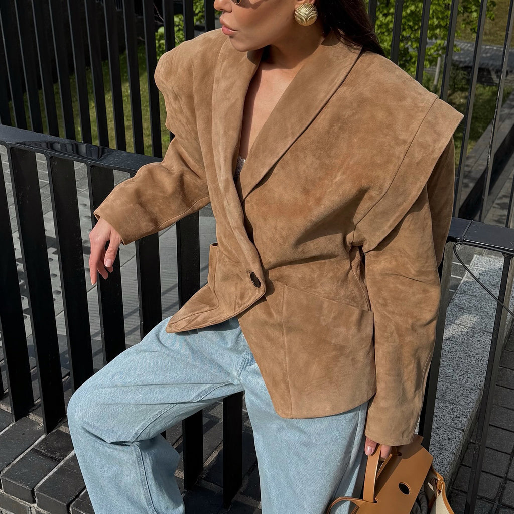 Suede shoulder padded suit jacket