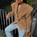 Suede shoulder padded suit jacket