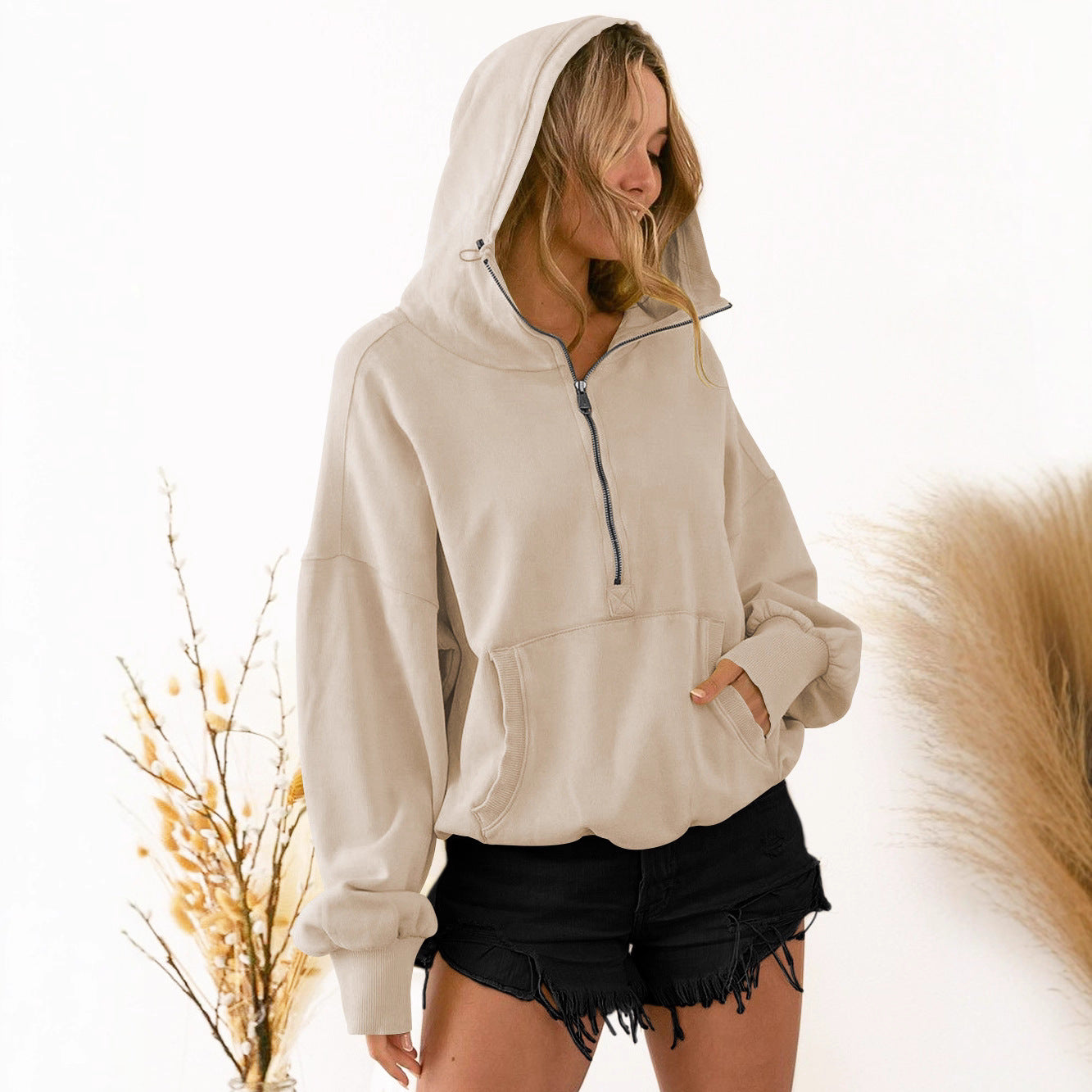 Hoodie Zipper Drawstring Long Sleeve Top