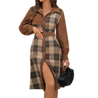 Vintage shirt collar plaid dress coat