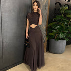 Solid color mesh splicing dress