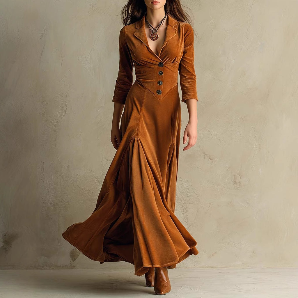 Solid color button-down lapel seven-quarter sleeve long dress dress