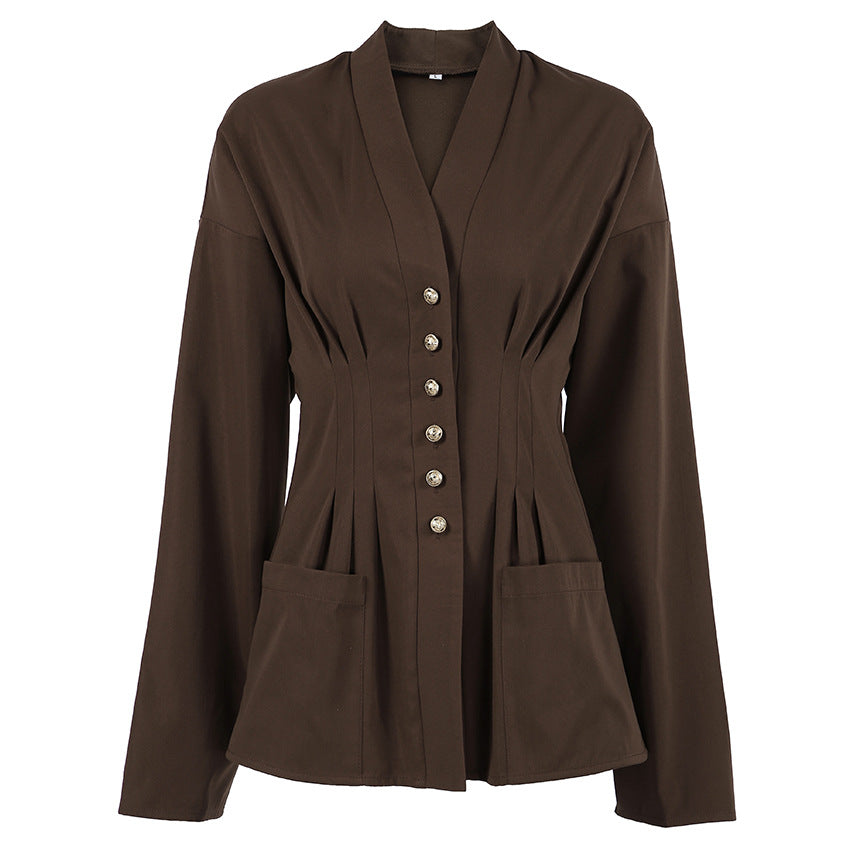 Slim fitting brown long-sleeved shirt with waist