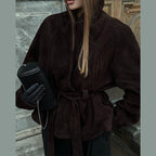 V-neck waist long-sleeved suede jacket