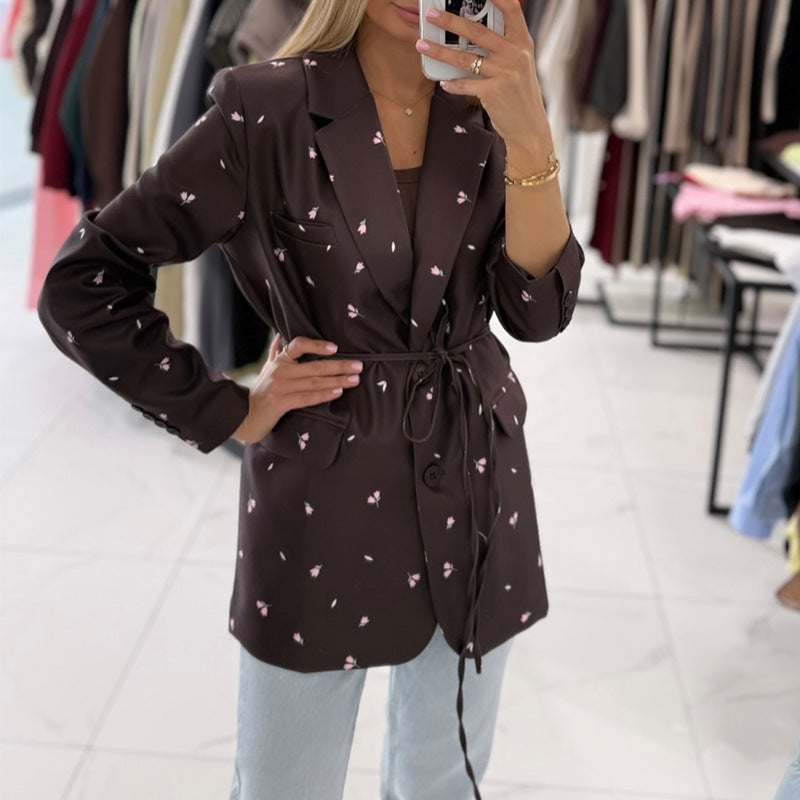 Floral lace up slim fit long sleeved blazer top