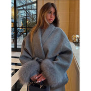 Solid color lace-up splicing wool cuffs woolen jacket