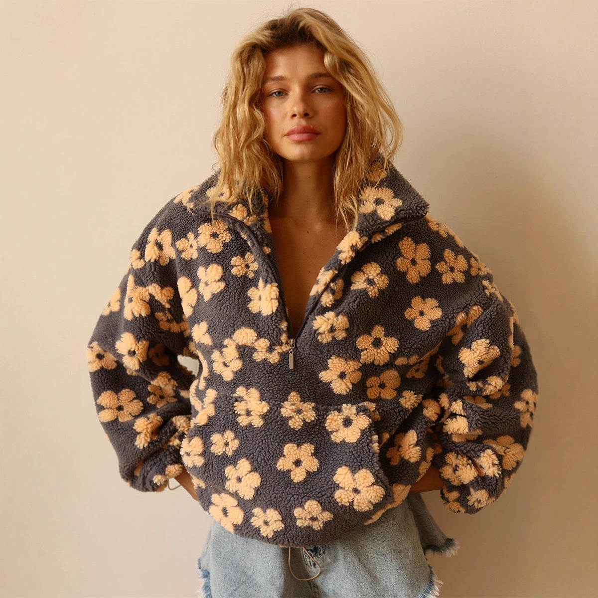 Fashion sweater warm fleece flower woman