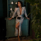 Printed V-Neck High Waist Split Bubble Sleeve Dress