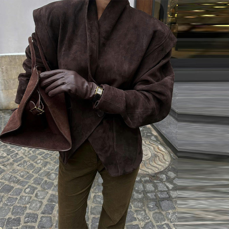 V-neck waist long-sleeved suede jacket