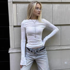 Solid Color Fashion Slim Fit Round Neck Flared Long Sleeve Top