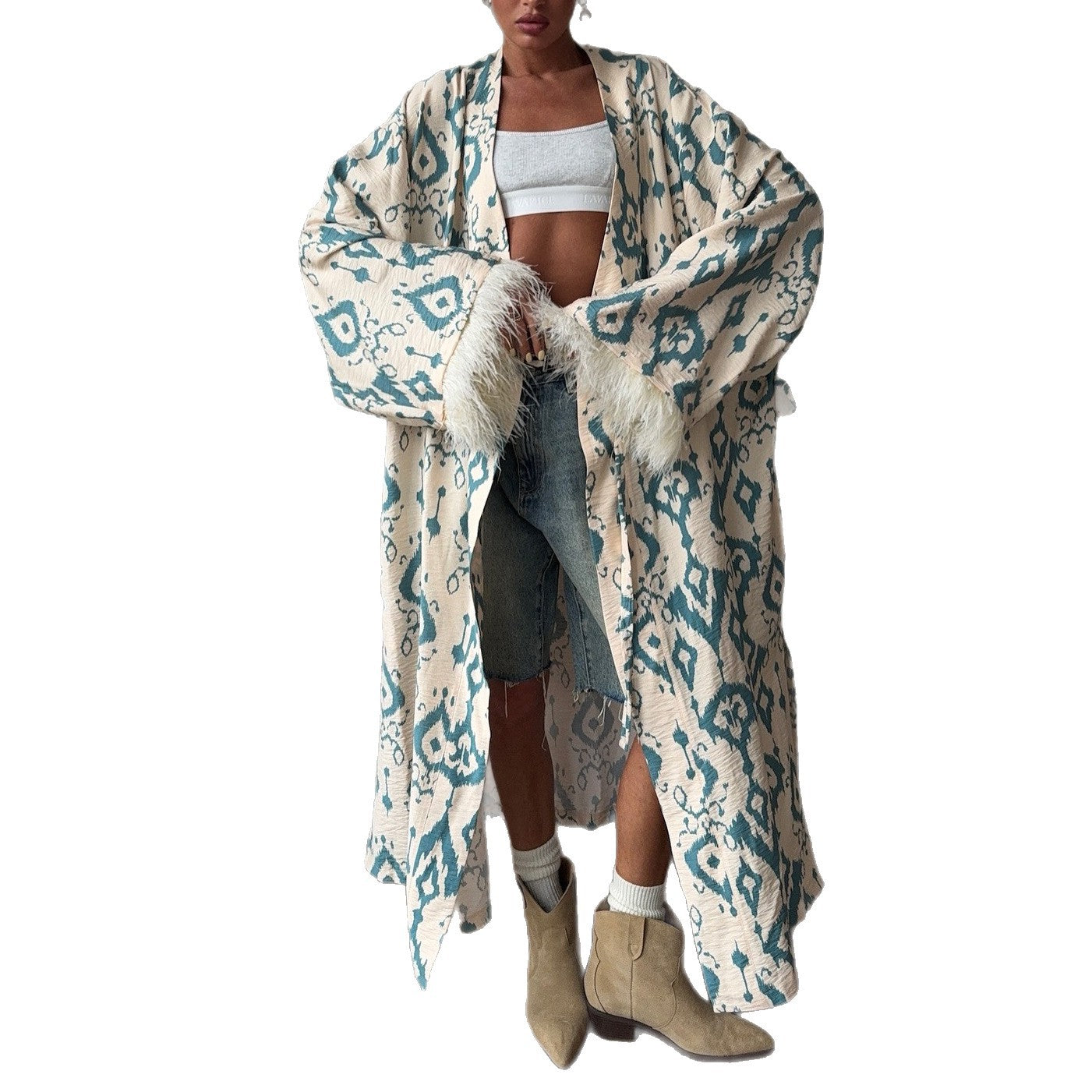 Ostrich feather print bathrobe jacket