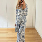 Printed Crew Neck Loose Bat Sleeve Waist Wide Leg Pants Fashion Suit