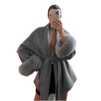 Solid color lace-up splicing wool cuffs woolen jacket